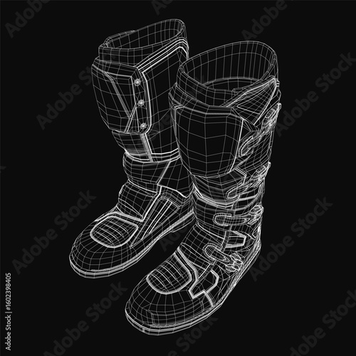 Motorcycle boots in 3D model showcase realistic texture and detailed wireframe structure on a sleek black background. The design highlights durability and modern aesthetics for riders.