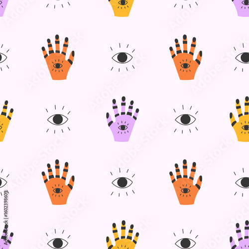 Fortune Teller Hands Seamless Pattern. Mystic Background with colorful witch palms and all seeing eyes for tarot, spiritual, or Halloween themed designs. Repeat vector illustration