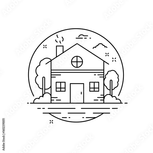House with trees in circular outline real estate icon