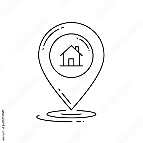 Location pin icon with house symbol in minimal line art style  