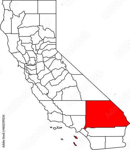 Map of California with San Bernardino County highlighted, ideal for geographic, desert, and vast Southern California regional projects.

