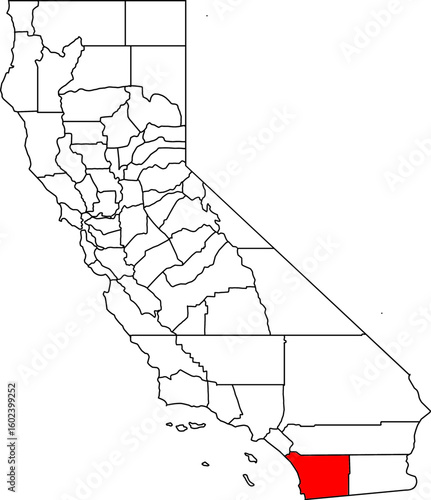 Map of California with San Diego County highlighted, ideal for geographic, coastal, and vibrant Southern California projects.