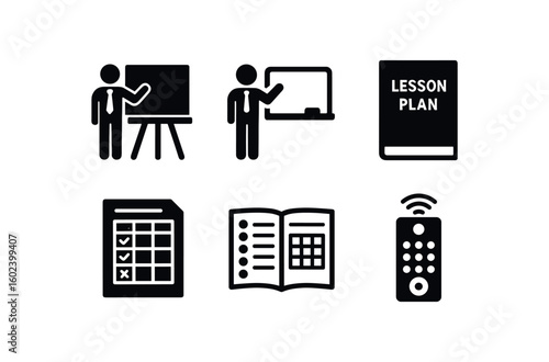 solid icon isolated teacher chalkboard easel teacher whiteboard marker tray teacher lesson plan binder teacher grading bric sheet teacher attendance register teacher projector remote
