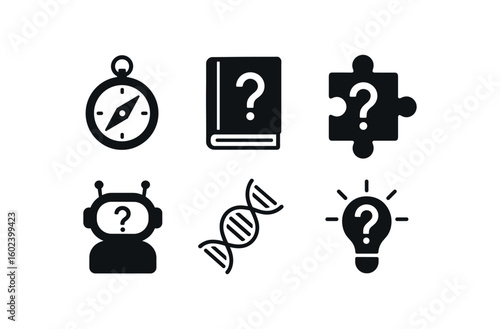 solid icon isolated curiosity pathfinder compass curiosity research journal curiosity puzzle piece curiosity AI chatbot curiosity DNA double heli curiosity y beacon