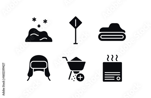 solid icon isolated winter snowdrift contour map winter ski pole marker winter snowmobile track winter earflap hat winter deicer spreader winter furnace vent
