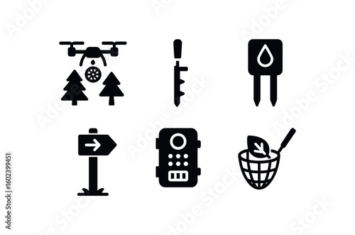 solid icon isolated forest canopy drone scanner forest tree ring corer forest soil moisture sensor forest trail marker post forest wildlife camera trap forest leaf litter sampler