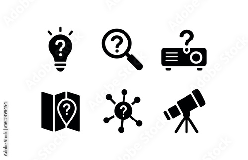 solid icon isolated curiosity spark icon curiosity magnifying glass curiosity question projector curiosity eploration map curiosity neuron circuit curiosity telescope lens