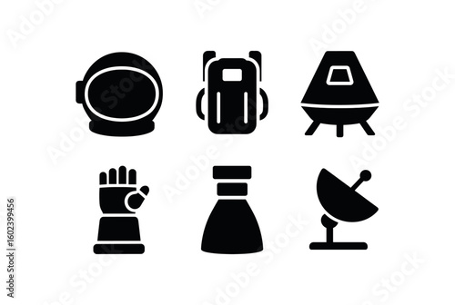 solid icon isolated astronaut helmet visor astronaut life support pack astronaut spacecraft module astronaut glove pressurizer astronaut thster nozzle astronaut telemetry array