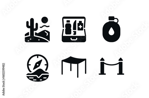 solid icon isolated desert mira simulator desert survival kit desert water bladder desert eroder gau desert sun shade canopy desert boundary marker