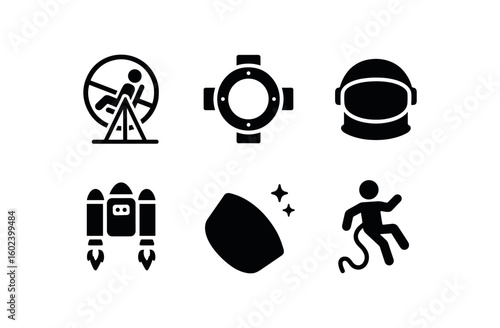 solid icon isolated astronaut training centrifu astronaut docking port astronaut visor anti glare astronaut jetpack unit astronaut reentry shield astronaut spacewalk tether