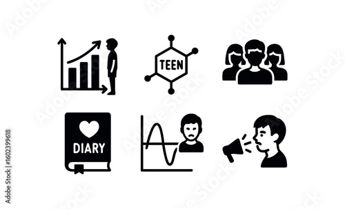 solid icon isolated adolescent growth spurt chart adolescent hormone marker adolescent peer group photo adolescent diary journal adolescent mood swing graph adolescent voice crack module