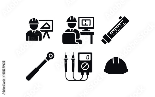 solid icon isolated engineer drafting board engineer CAD workstation engineer slide le engineer torque wrench engineer multimeter probe engineer safety helmet