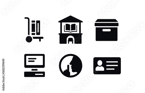 solid icon isolated library book cart trolley library reading nook kiosk library archival bo library computer terminal library silence library membership card