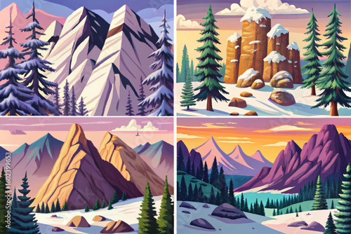 Vector cartoon of snowy set winter hills and forest in gentle snowfall, ideal for Christmas designs, hiking themes, and seasonal travel concepts collection