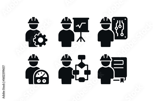 solid icon isolated engineer ar train model engineer schematic diag engineer PCB prototype engineer calibration jig engineer flowchart template engineer project logbook
