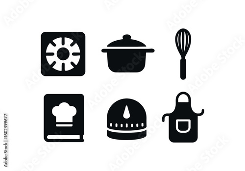 solid icon isolated cooking stove burner cooking saucepan lid cooking whisk tool cooking recipe book cooking timer cooking apron pocket