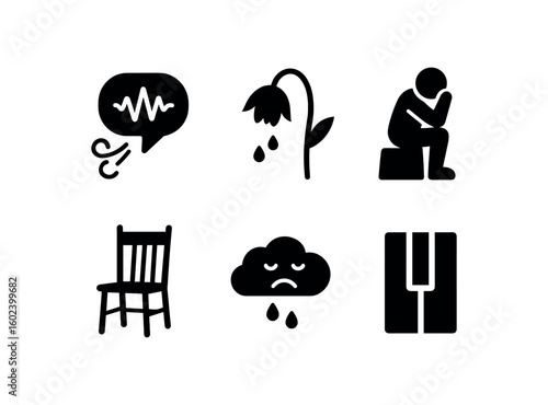 solid icon isolated sadness sigh soundwave sadness drooping flower sadness sorrow sculpture sadness empty chair sadness overcast sky sadness silent piano key