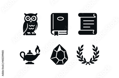 solid icon isolated wisdom owl wisdom ancient tome wisdom proverb scroll wisdom lamp knowled wisdom philosopher wisdom laurel wreath