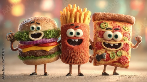 Cartoon Fast Food Team: Happy Burger, Fries and Pizza Characters