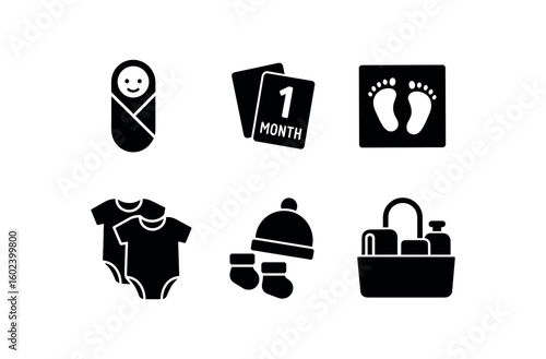 solid icon isolated newborn swaddle blanket newborn milestone cards newborn foot print kit newborn onesie newborn cap booties newborn diaper caddy