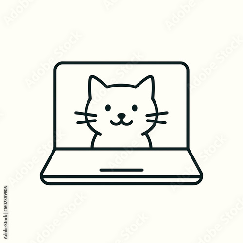 Cat sitting on a laptop screen in minimalist line art style  