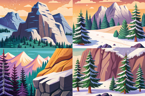 Vector cartoon of snowy set winter hills and forest in gentle snowfall, ideal for Christmas designs, hiking themes, and seasonal travel concepts collection