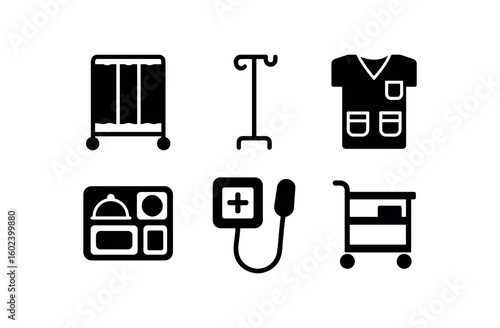 solid icon isolated hospital privacy screen hospital IV pole hook hospital scbs organizer hospital meal tray hospital button hospital therapy cart