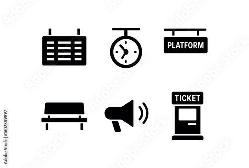 solid icon isolated train station tible board train station station train station platform train station bench train station loudspeaker train station ticket kiosk