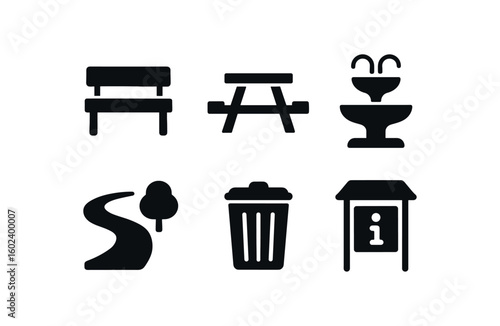 solid icon isolated bench picnic table walking trail trash receptacle info kiosk