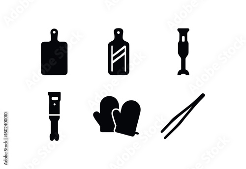 solid icon isolated chef cutting board chef mando slicer chef immersion blender chef sous vide machine chef oven mitts chef plating tweezers