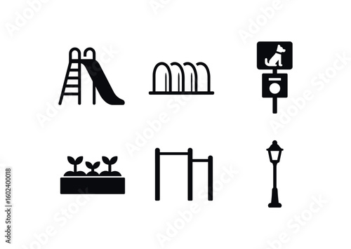 solid icon isolated playground slide bike rack dog waste station garden bed fitness equipment path ing