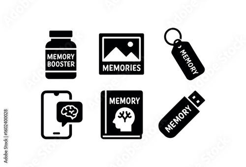 solid icon isolated memory booster supplement memory album fe memory trigr keychain memory recall memory retention workbook memory drive