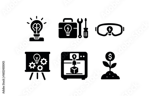 solid icon isolated innovation hub workspace innovation workshop toolkit innovation lab safety goggles innovation braining whiteboard innovation prototype printer innovation seed funding