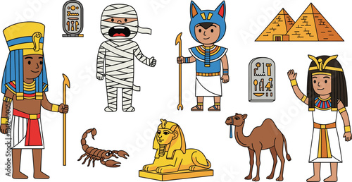 Ancient Egyptian symbols and characters, colorful cartoon illustration of pyramids, pharaoh, mummy, gods, scorpion, sphinx, camel, hieroglyphs, vector educational history artwork