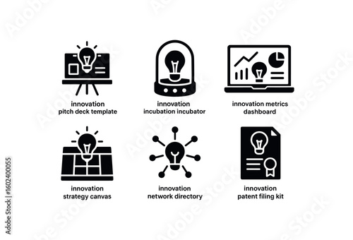 solid icon isolated innovation pitch deck template innovation incubation incubator innovation metrics dashboard innovation strategy canvas innovation network directory innovation patent