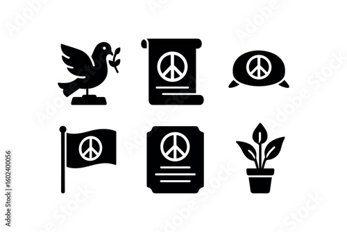 solid icon isolated peace dove sculpture peace treaty scroll peace meditation cushion peace flag banner peace proclamation plaque peace lily plant