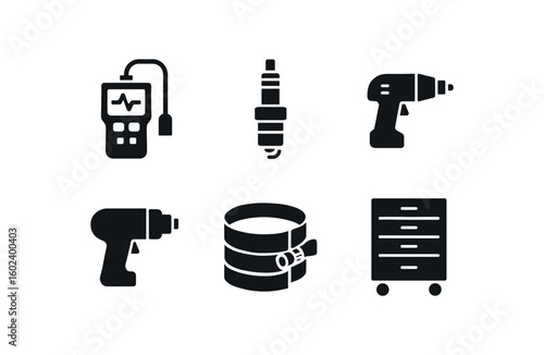 solid icon isolated mechanic diagnostic scanner mechanic spark plug socket mechanic grease gun mechanic impact drill mechanic piston ring compressor mechanic tool chest