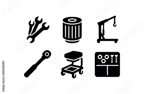 solid icon isolated mechanic wrench mechanic oil filter mechanic engine hoist mechanic torque wrench mechanic creeper mechanic parts tray