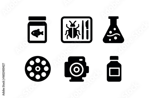 solid icon isolated biologist specimen jar biologist dissection tray biologist culture flask biologist centrifu rotor biologist microscope camera biologist reant bottle