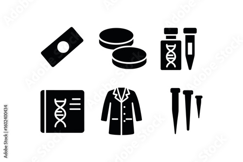 solid icon isolated biologist microscope slide biologist petri dish biologist DNA etractor kit biologist field notebook biologist lab coat biologist pipette tips