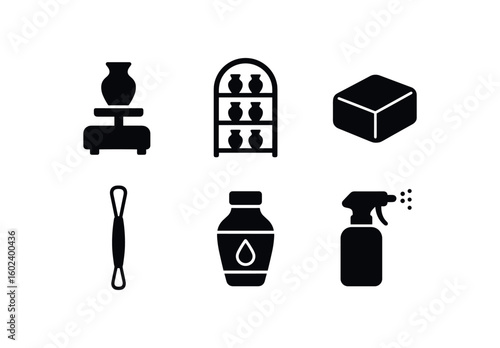 solid icon isolated pottery wheel pottery kiln shelf pottery clay pottery trimming tool pottery glaze pigment pottery spray bottle