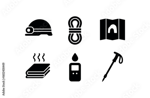 solid icon isolated cave headlamp helmet cave clim rope cave map chart cave thermal blanket cave moisture sensor cave trekking pole
