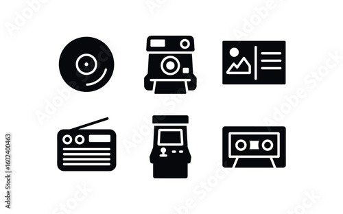 solid icon isolated nostalgia vinyl record nostalgia polaroid camera nostalgia vinta postcard nostalgia retro radio nostalgia arcade nostalgia cassette tape