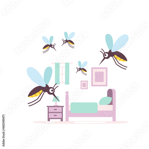Mosquitoes flying in bedroom vector illustration