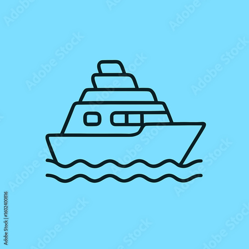 Simple line drawing of a cruise ship on blue background  