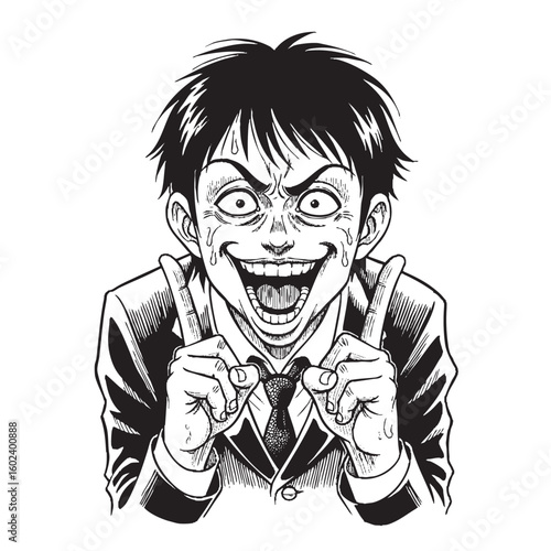 劇画風コメディ人物素材：日本の漫画用白黒イラスト（喜び・文字・背景なし）