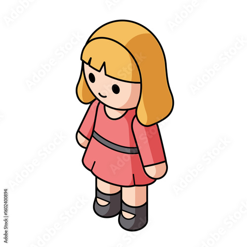 Isometric blonde girl doll in pink dress and black shoes