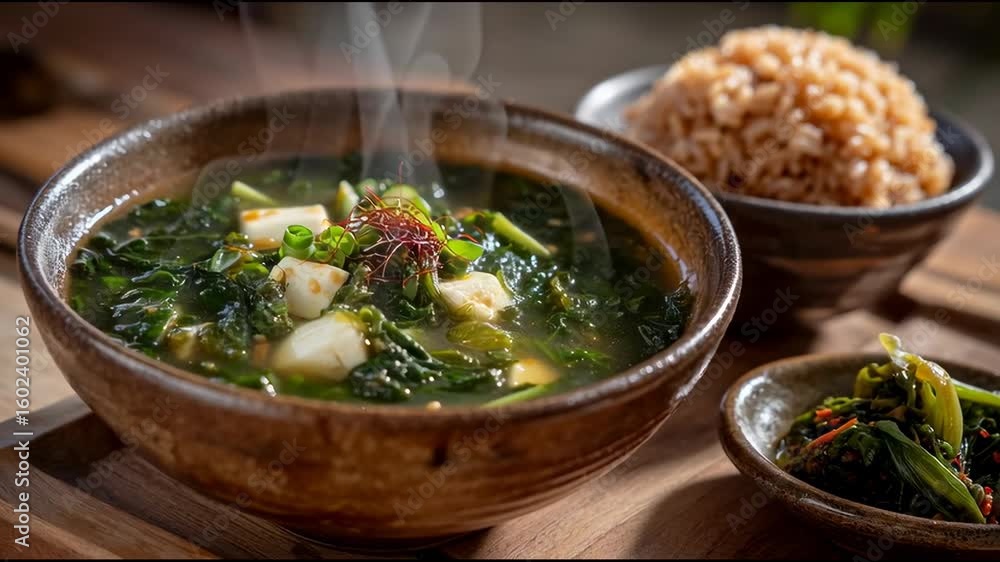 A Hearty Bowl of Green Vegetable Soup Served with Brown Rice and Sautéed Greens, Evoking Comfort and Flavor in Every Delicious Spoonful. A Hearty Bowl of Green Vegetable Soup Served with Brown Rice and Sautéed Greens, Evoking Comfort and Flavor in Every Delicious Spoonful.