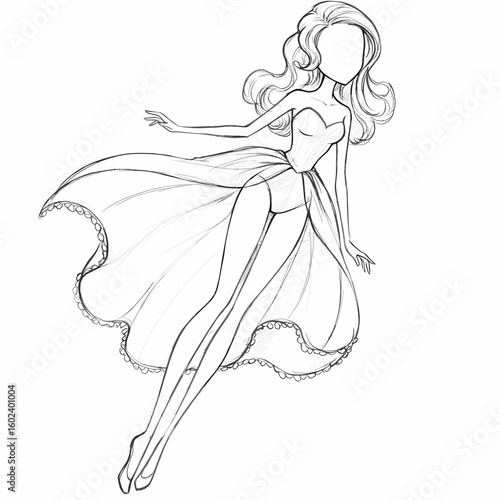 Faceless fashion doll sketch in flowing dress and heels