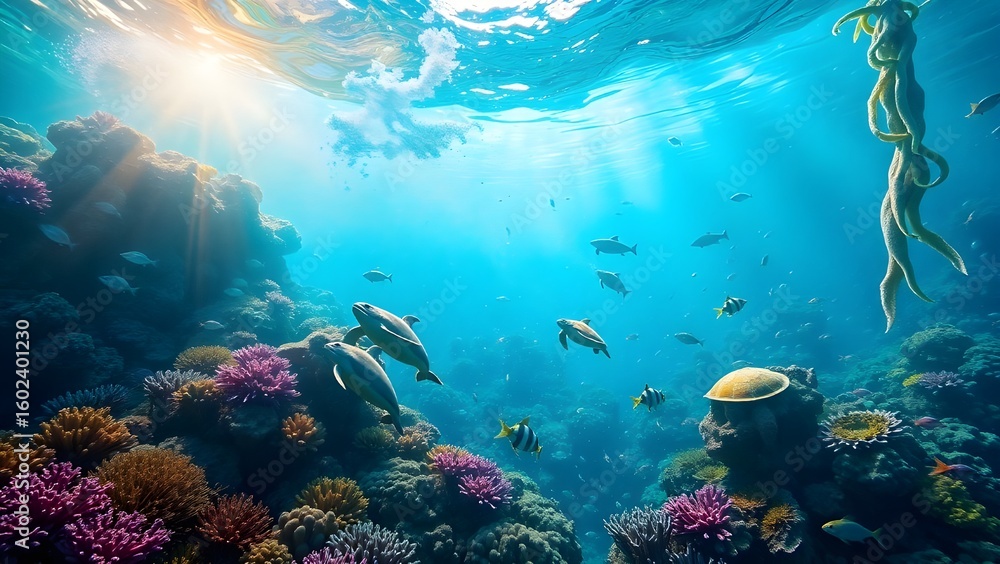 Fototapeta premium This mesmerizing image immerses viewers in a serene and magical underwater realm, evoking a sense of wonder and tranquility.